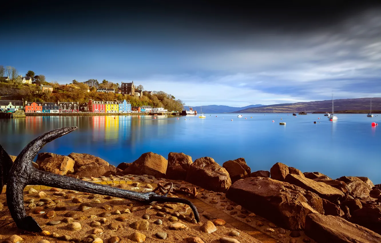 Фото обои город, берег, залив, якорь, Tobermory Harbour