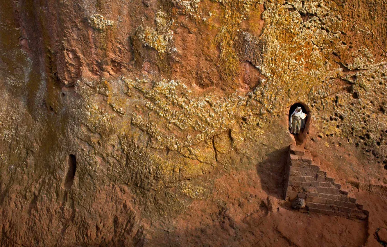 Фото обои скала, ступени, Эфиопия, Лалибела