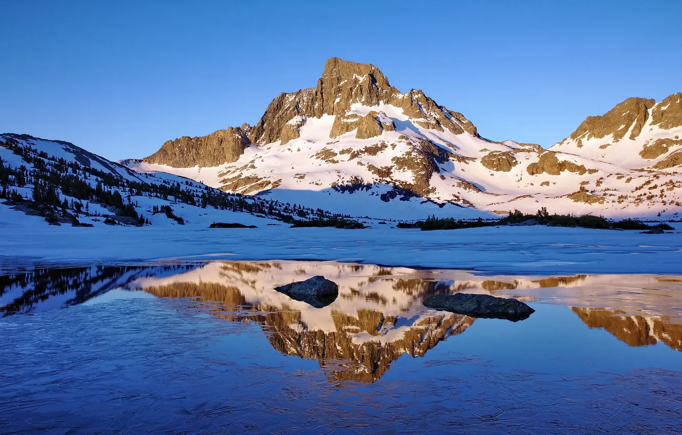 Фото обои снег, горы, озеро, отражение, Пейзаж