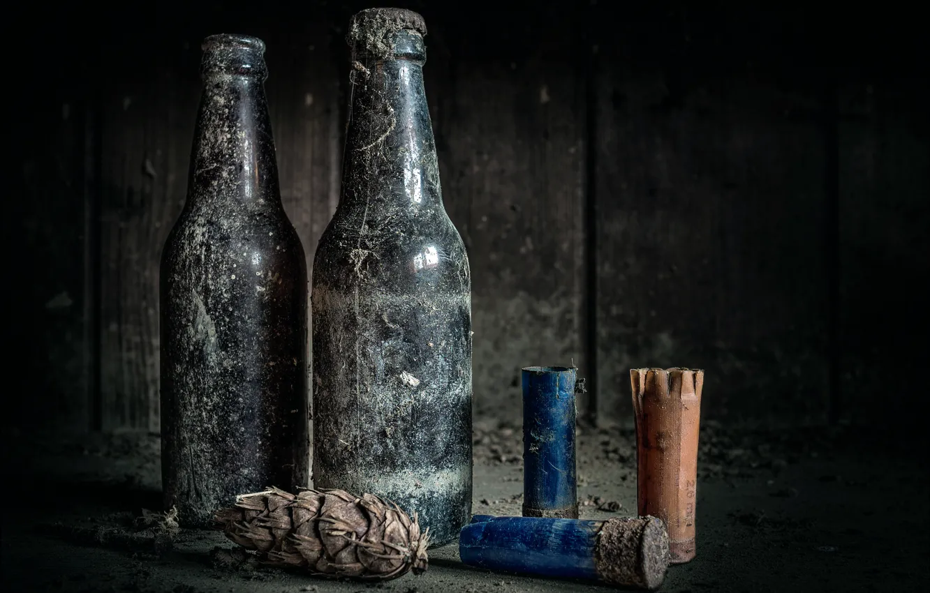 Фото обои грязь, бутылки, патроны