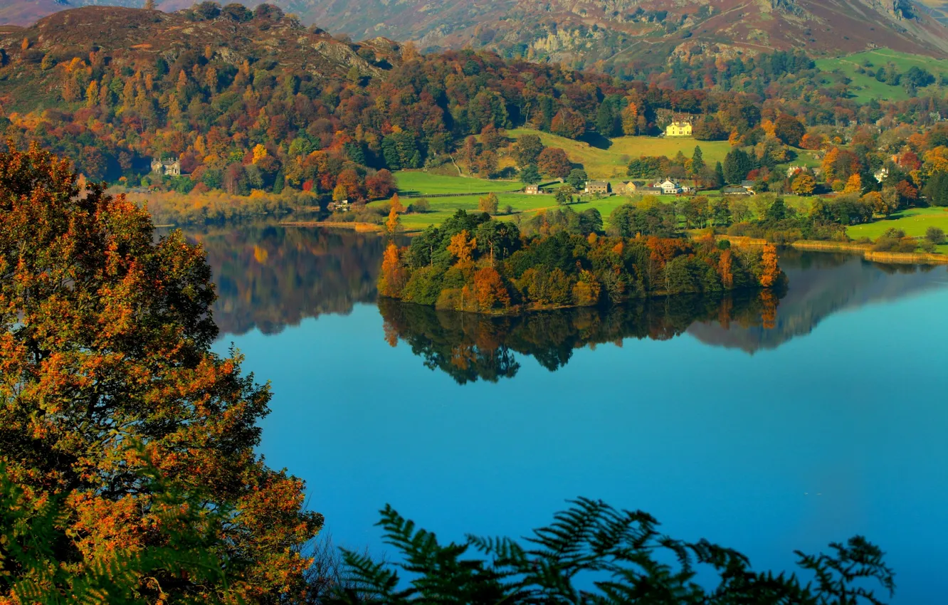Фото обои осень, озеро, холмы, остров, Англия, деревня, England, Озёрный край