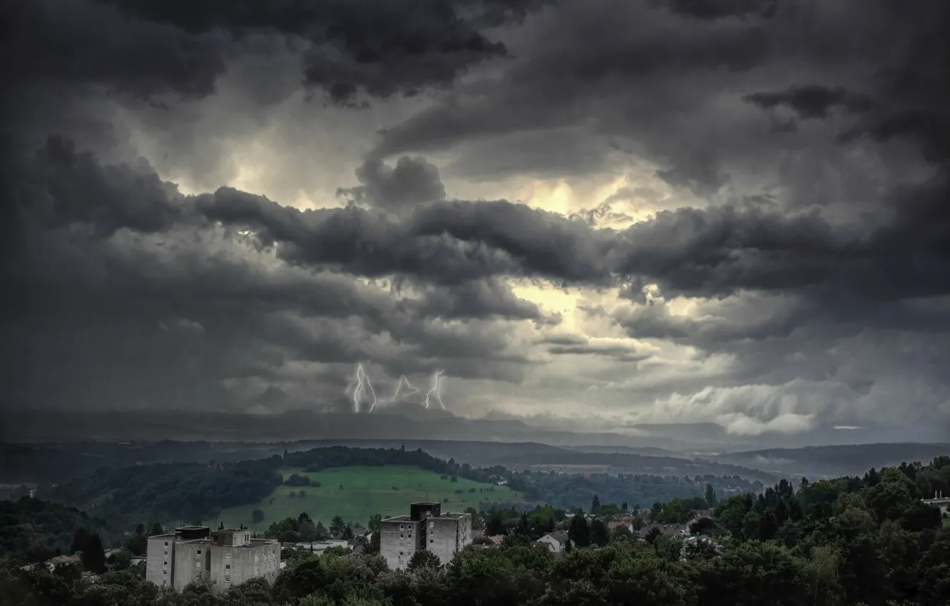 Фото обои storm, lightning, village