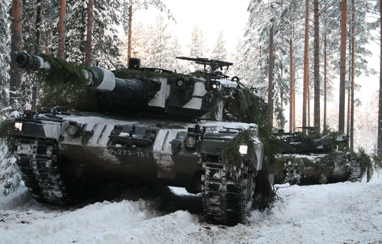 Фото обои Leopard 2A6, Немецкий, Зимний Лес, Основной Танк, Leopard 2