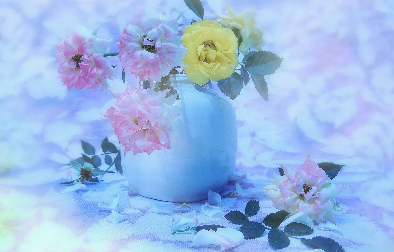 Фото обои фон, розы, лепестки, ваза