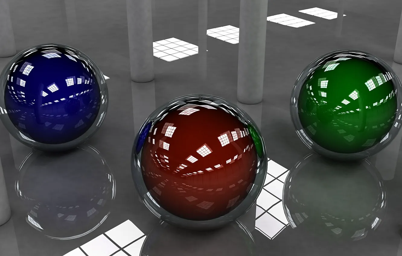 Фото обои синий, красный, отражение, фон, шары, зелёный, сферы