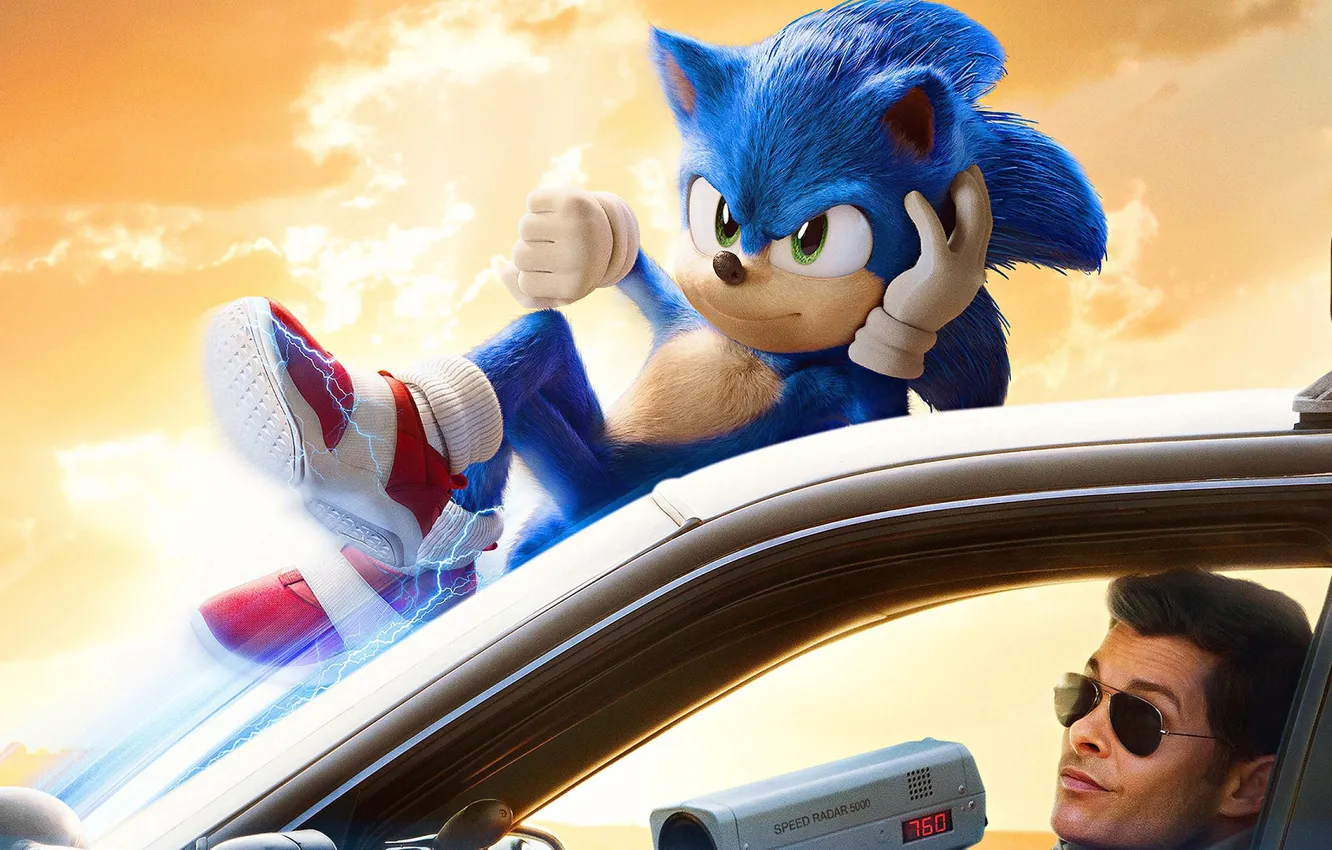 Фото обои машина, Соник, парень, Sonic the Hedgehog, Соник в кино