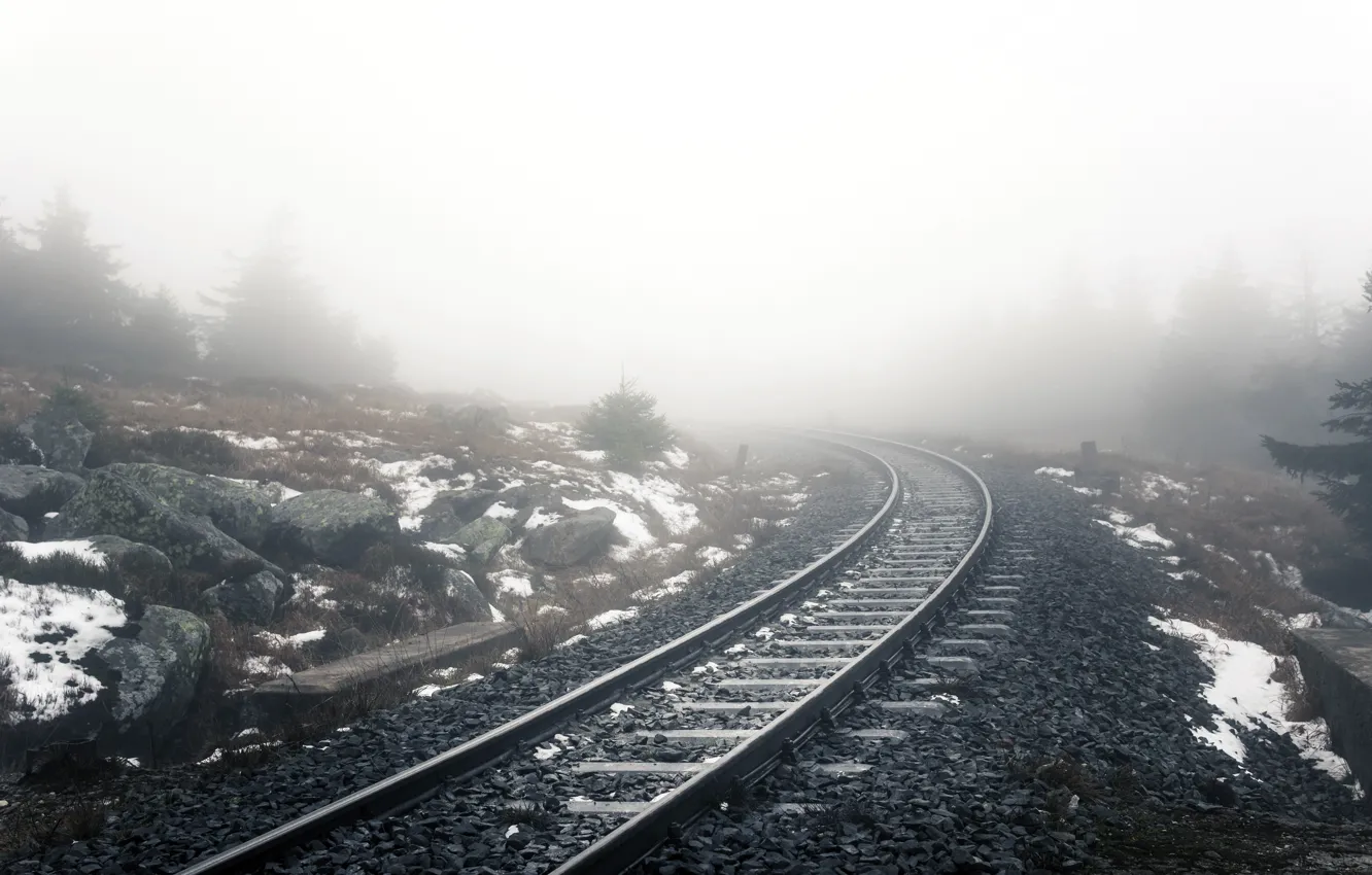 Фото обои природа, туман, железная дорога