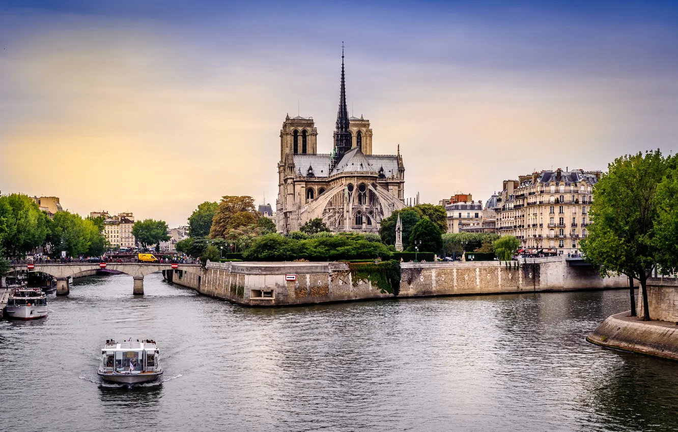 Фото обои река, Франция, Париж, Сена, кораблик, собор парижской богоматери