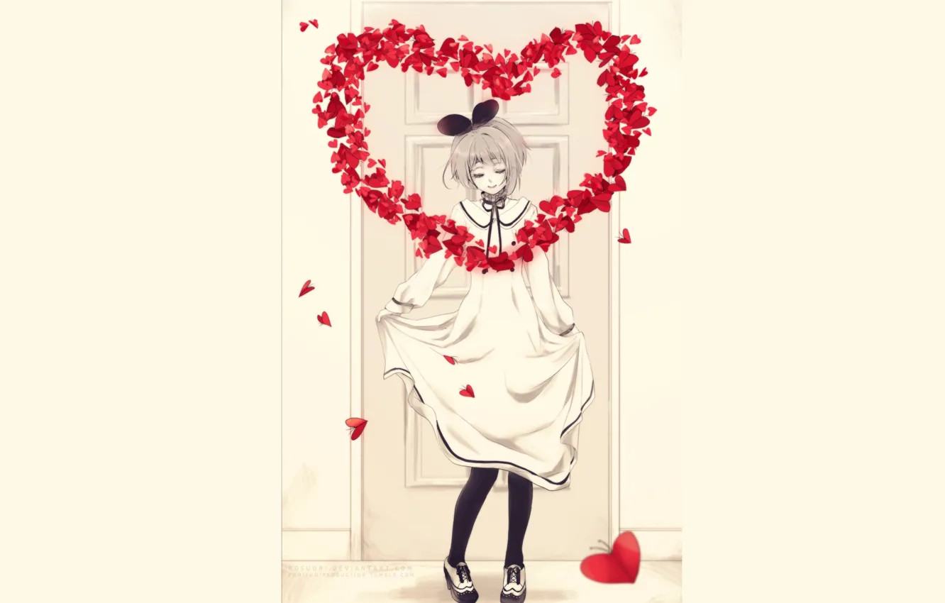 Фото обои сердце, дверь, Девочка, сердечки, бантик