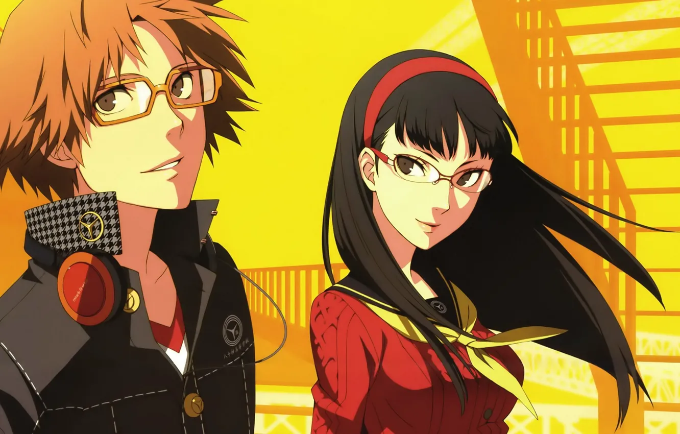 Фото обои девушка, жёлтый, фон, игра, аниме, арт, парень, Persona 4