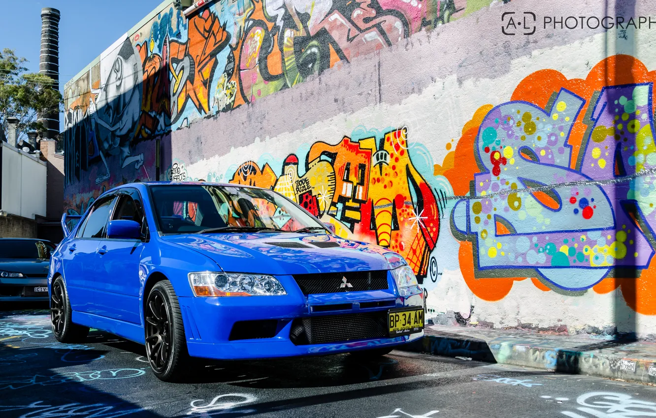 Фото обои синий, mitsubishi, Graffiti, lancer, evolution, evo, лансер, эво