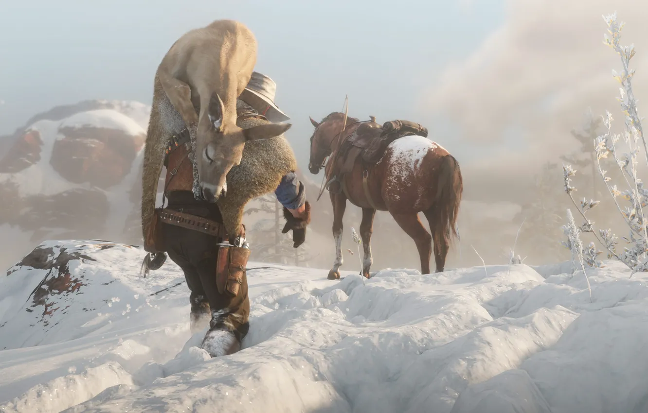 Фото обои снег, следы, лошадь, шляпа, Rockstar, Бандит, Red Dead Redemption 2