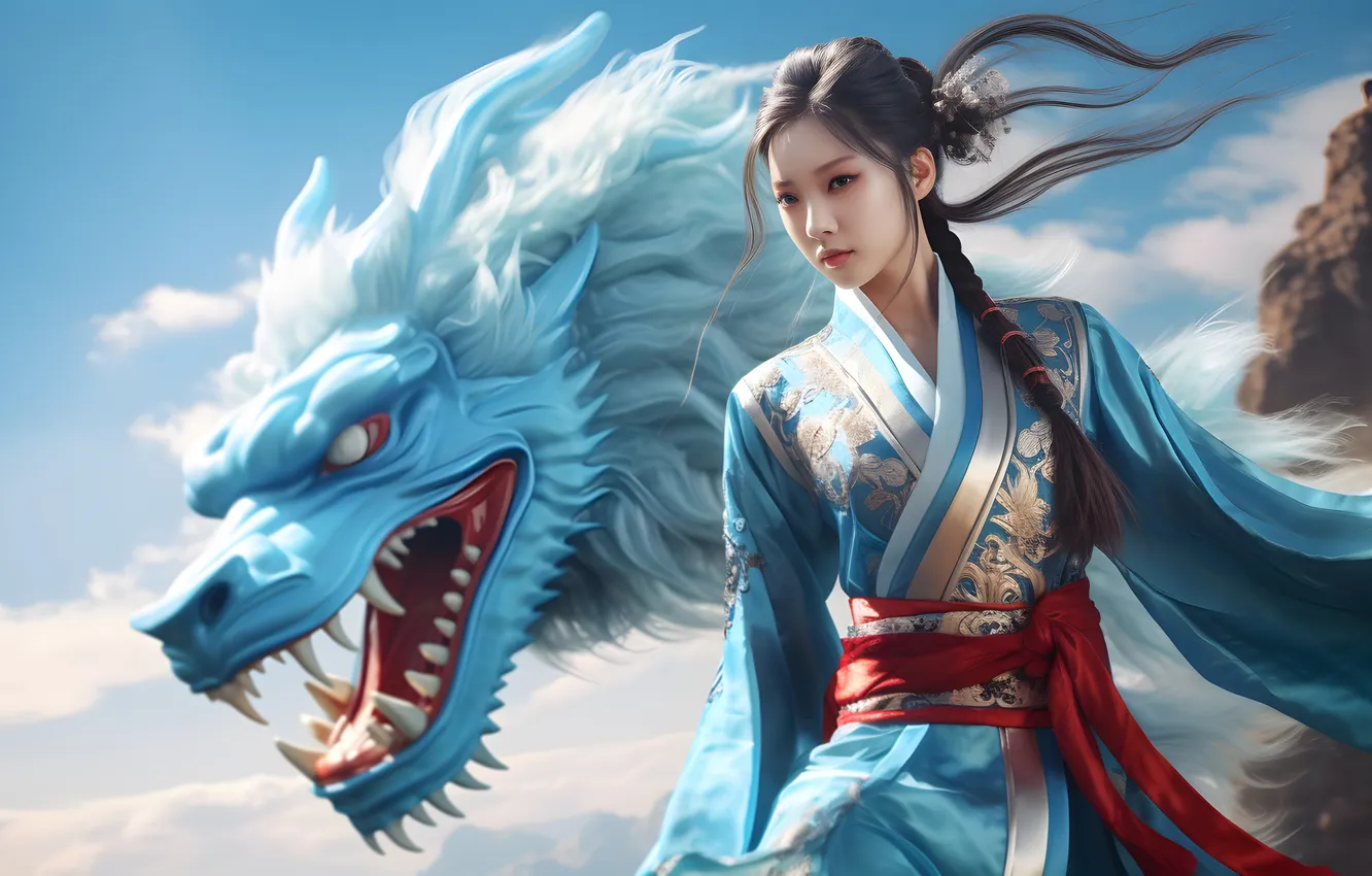 Фото обои Asian, sky, long hair, clouds, women, dragon, digital art, creature