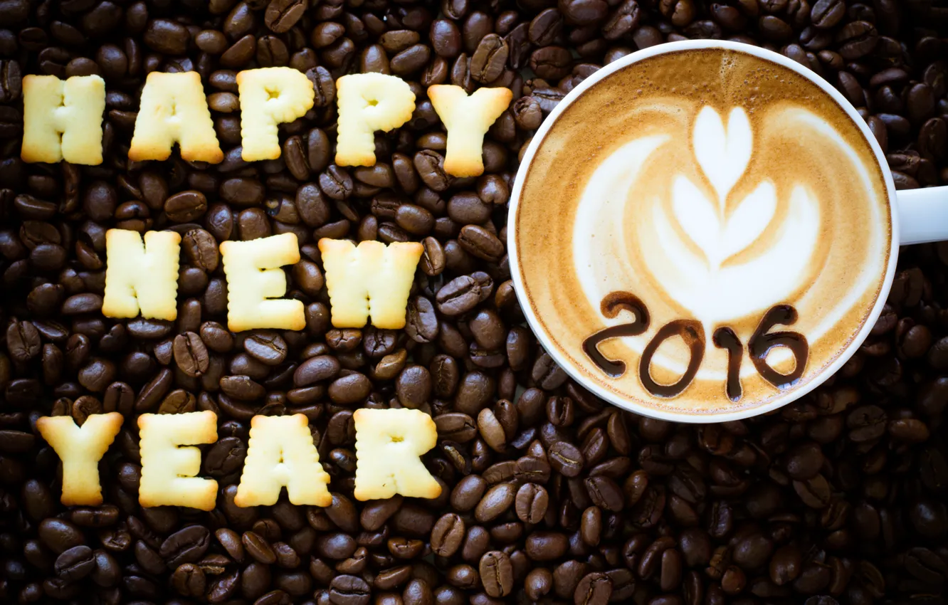 Фото обои Новый год, New Year, beans, coffee, cookies, decoration, Happy, 2016