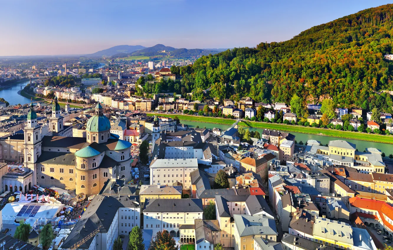Фото обои Дома, Горы, Город, Река, Австрия, панорама, Зальцбург