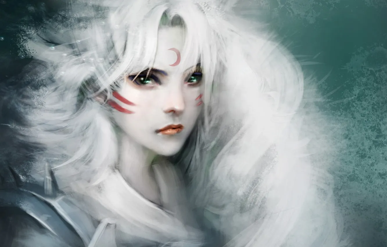 Фото обои девушка, месяц, арт, белые волосы, InuYasha, Sesshomaru, crazy cat, girl version