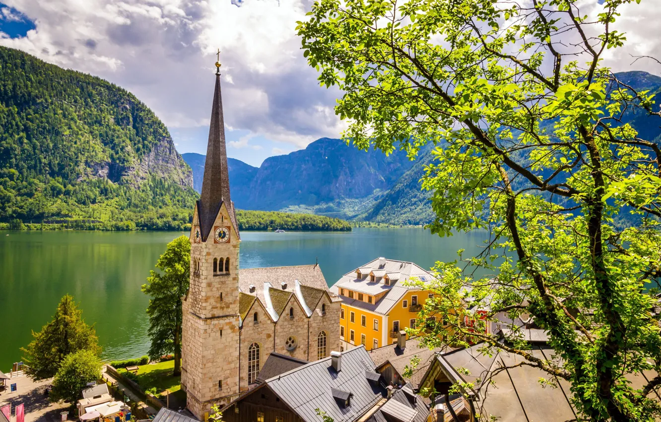 Фото обои горы, озеро, Австрия, Альпы, Халльштатт
