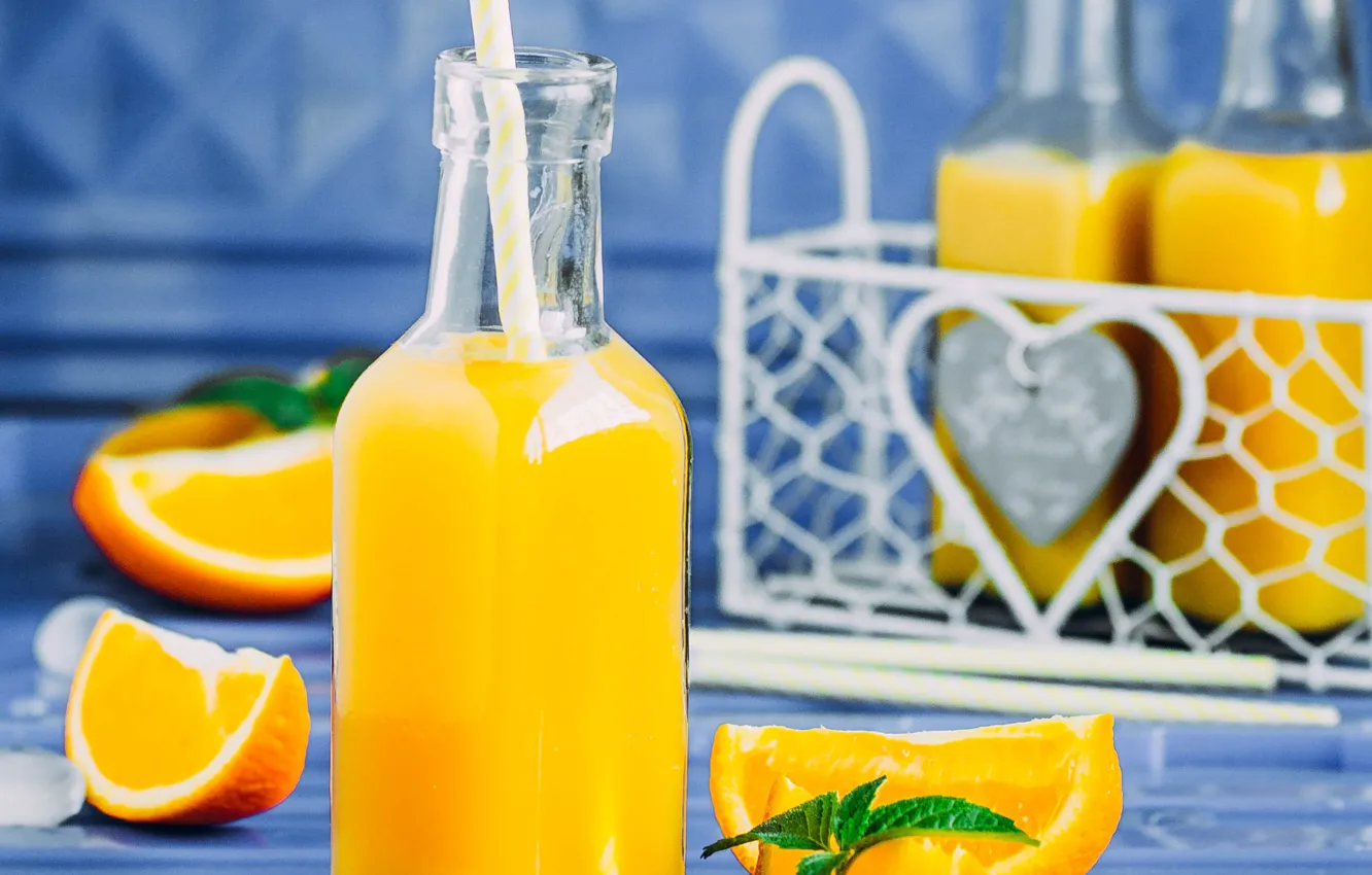 Фото обои бутылка, напиток, апельсиновый сок, кубики льда