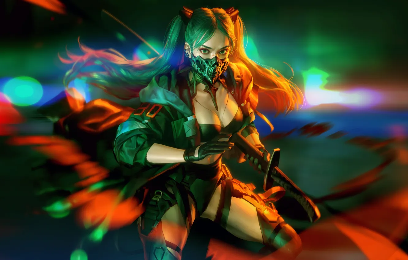 Фото обои cleavage, long hair, women, digital art, artwork, thighs, Big boobs, looking at viewer