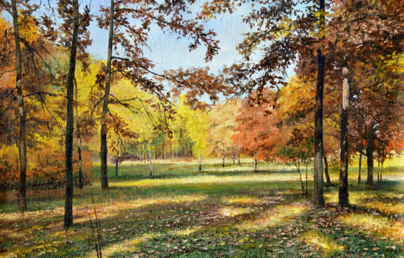 Фото обои лес, небо, деревья, пейзаж, листва, картина, живопись, Луценко