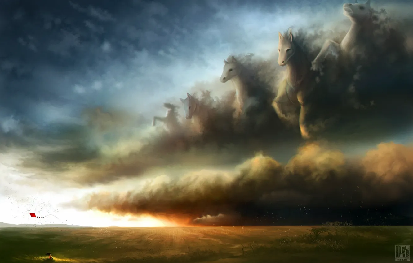 Фото обои девушка, облака, лучи, дождь, кони, буря, арт, воздушный змей