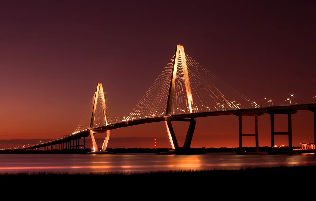 Фото обои мост, огни, река, bridge