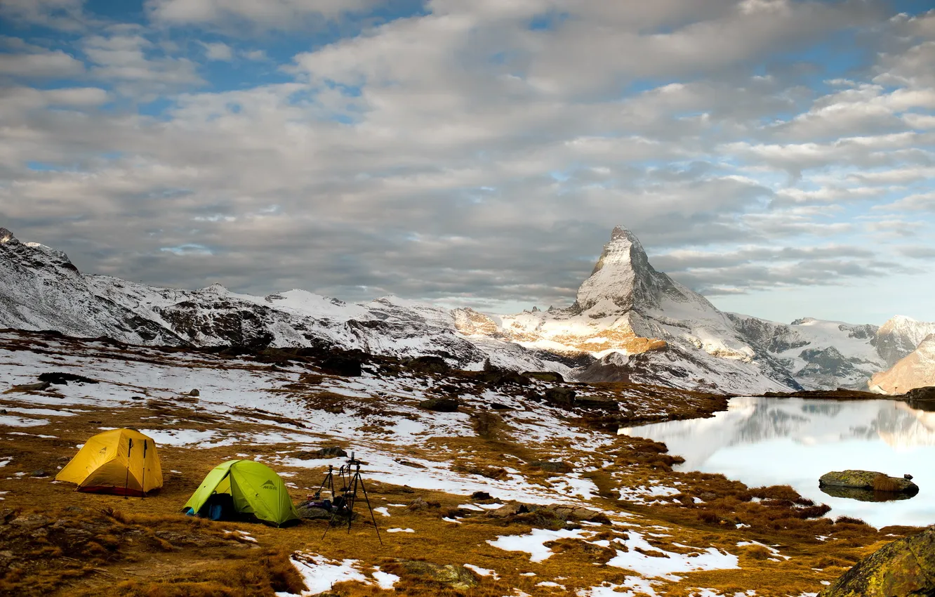 Фото обои пейзаж, горы, палатки