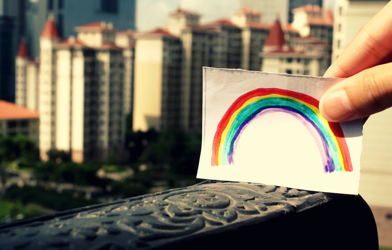 Фото обои city, город, бумага, краски, рисунок, Радуга, rainbow