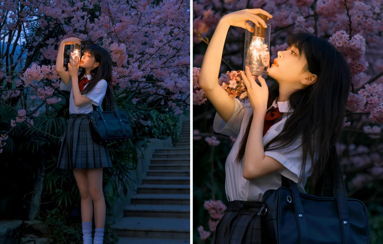 Фото обои Dark, Light, Beautiful, Asian, Model, Tree, Flowers, Night