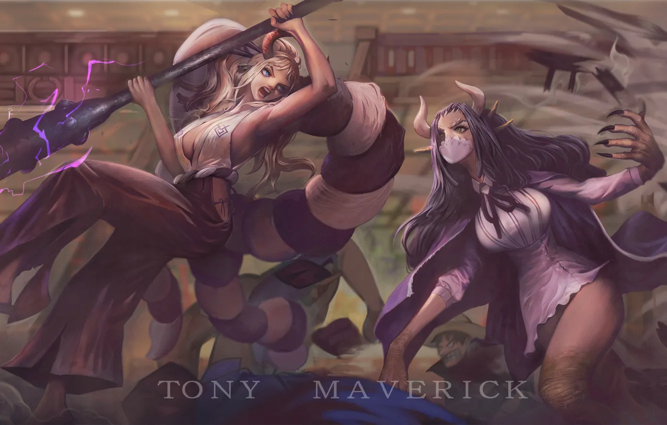 Фото обои девушки, парень, сражение, One Piece, Yamato, Monkey D. Luffy, Ulti, by Tony Maverick