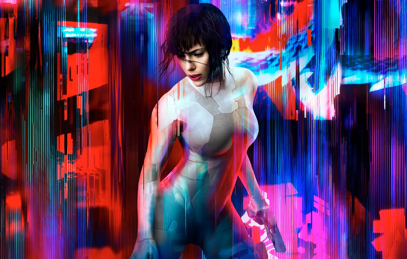 Фото обои Pink, Scarlett Johansson, Girl, Action, Red, Ghost, Shell, Beautiful