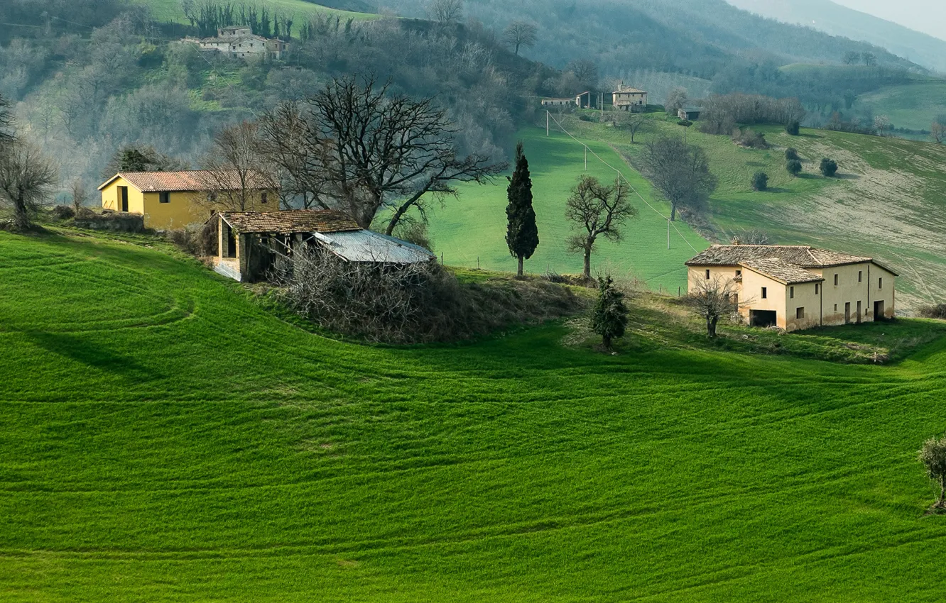 Фото обои поле, трава, деревья, горы, дом, холмы, Италия, Кампания