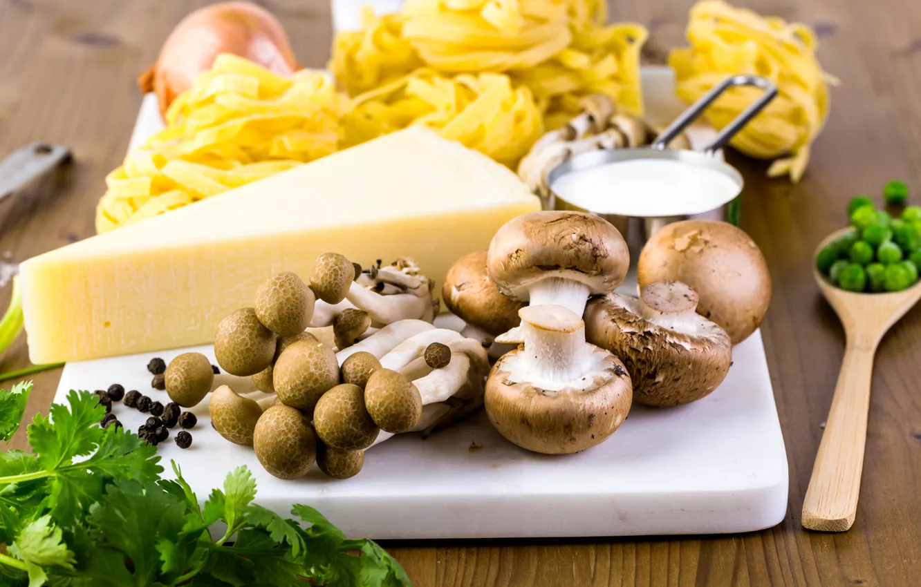 Фото обои зелень, грибы, сыр, специи, шампиньоны, макароны, Cheese, Mushrooms