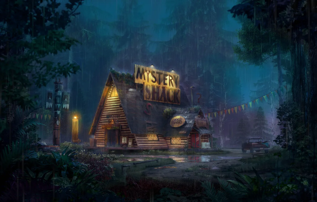 Фото обои лес, дождь, дома, автомобиль, Mystery Shack