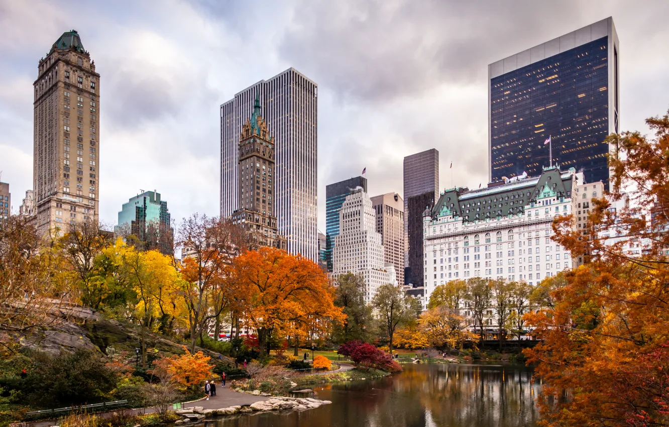 Фото обои осень, город, парк, небоскребы, USA, америка, сша, New York City