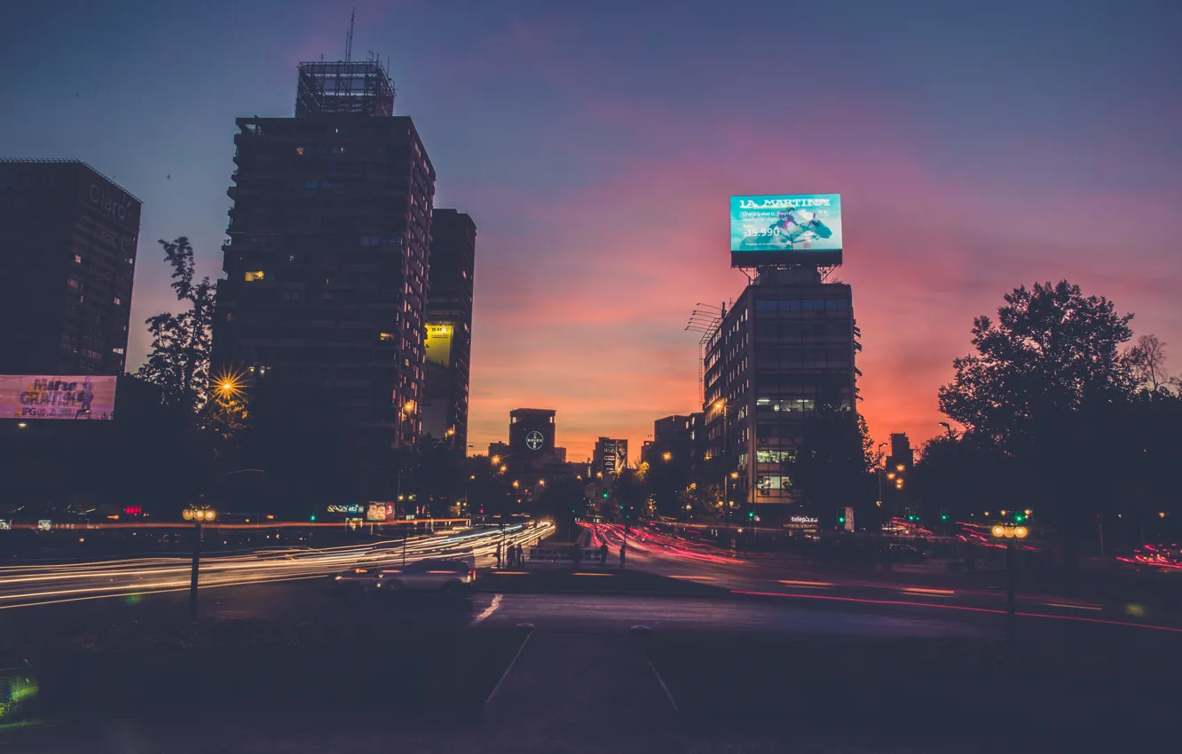 Фото обои cars, sundown, traffic, buildings, Santiago, Chile, long exposure