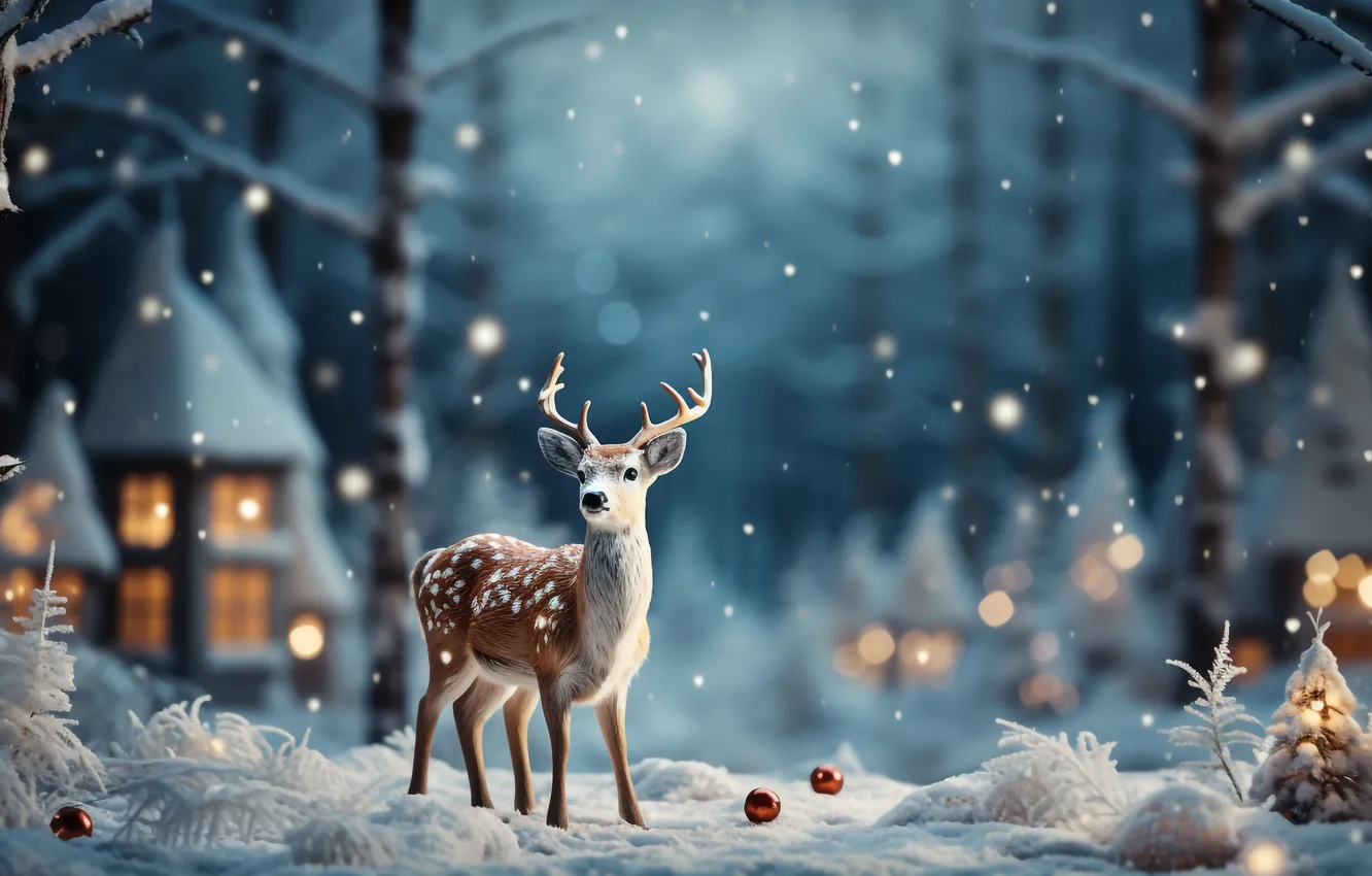 Фото обои снег, украшения, ночь, шары, Рождество, Новый год, Christmas, balls