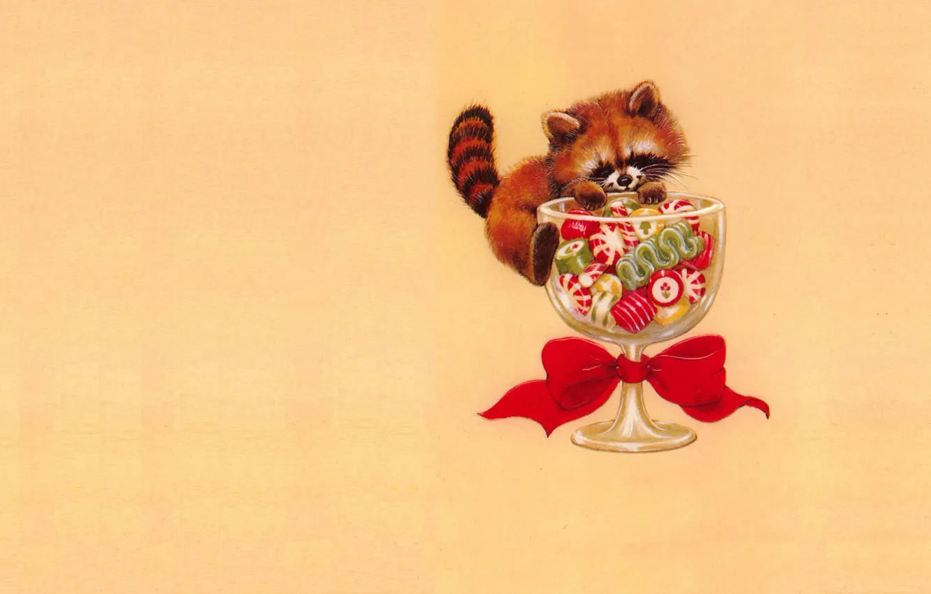 Фото обои настроение, праздник, бокал, арт, конфеты, Новый год, красная панда, бантик