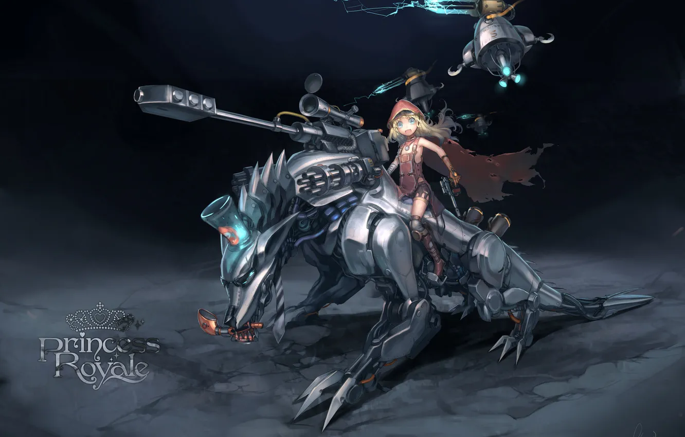 Фото обои металл, оружие, робот, арт, девочка, ствол, зверь, little red riding hood