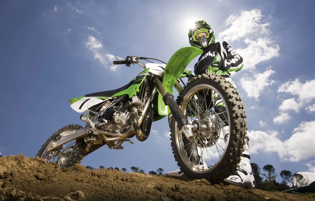 Фото обои зеленый, мотоцикл, мотоциклист, Kawasaki KX85