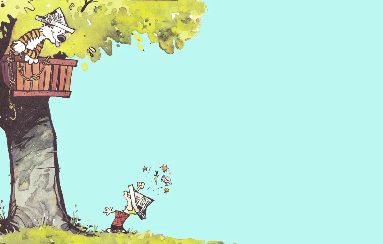 Фото обои дерево, шапка, ребенок, мальчик, крик, ругань, Calvin and Hobbes, calvin