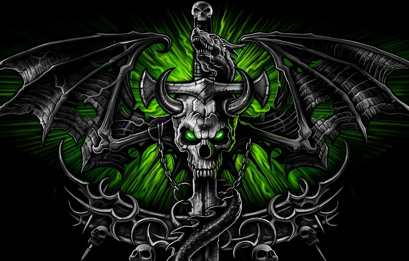 Фото обои зеленый, фон, дракон, череп, крылья, меч, рога, sword