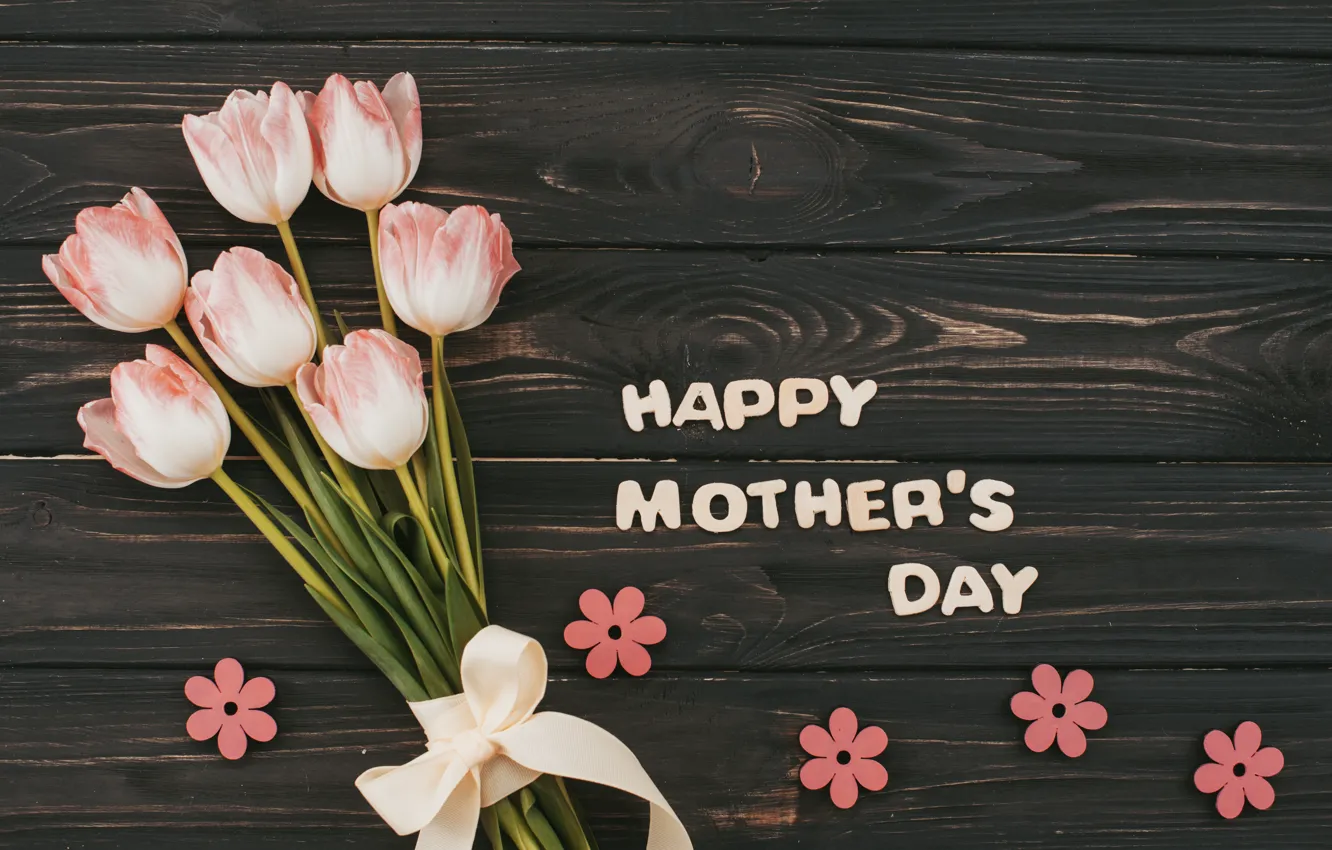 Фото обои цветы, букет, тюльпаны, розовые, happy, wood, pink, flowers