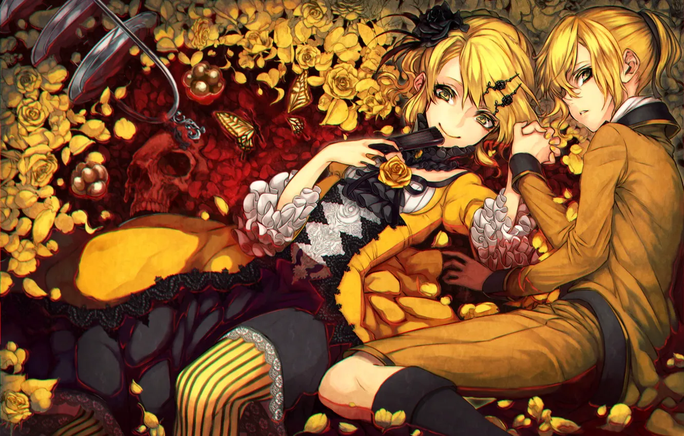 Фото обои vocaloid, kagamine len, kagamine rin, цветы, dearrose, мужчина, девушка, череп