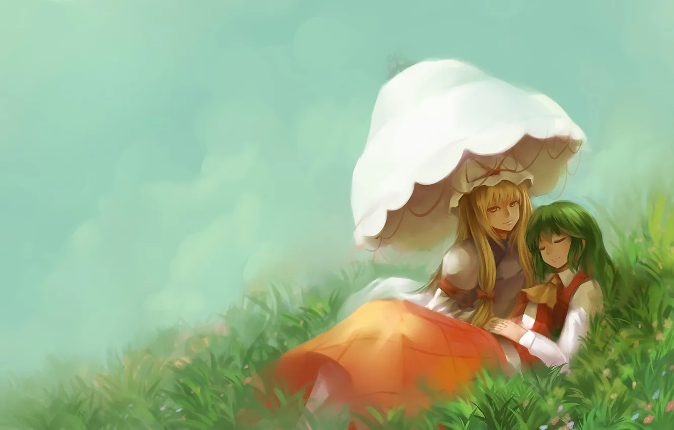 Фото обои трава, девушки, отдых, зонт, холм, арт, touhou, kazami yuuka