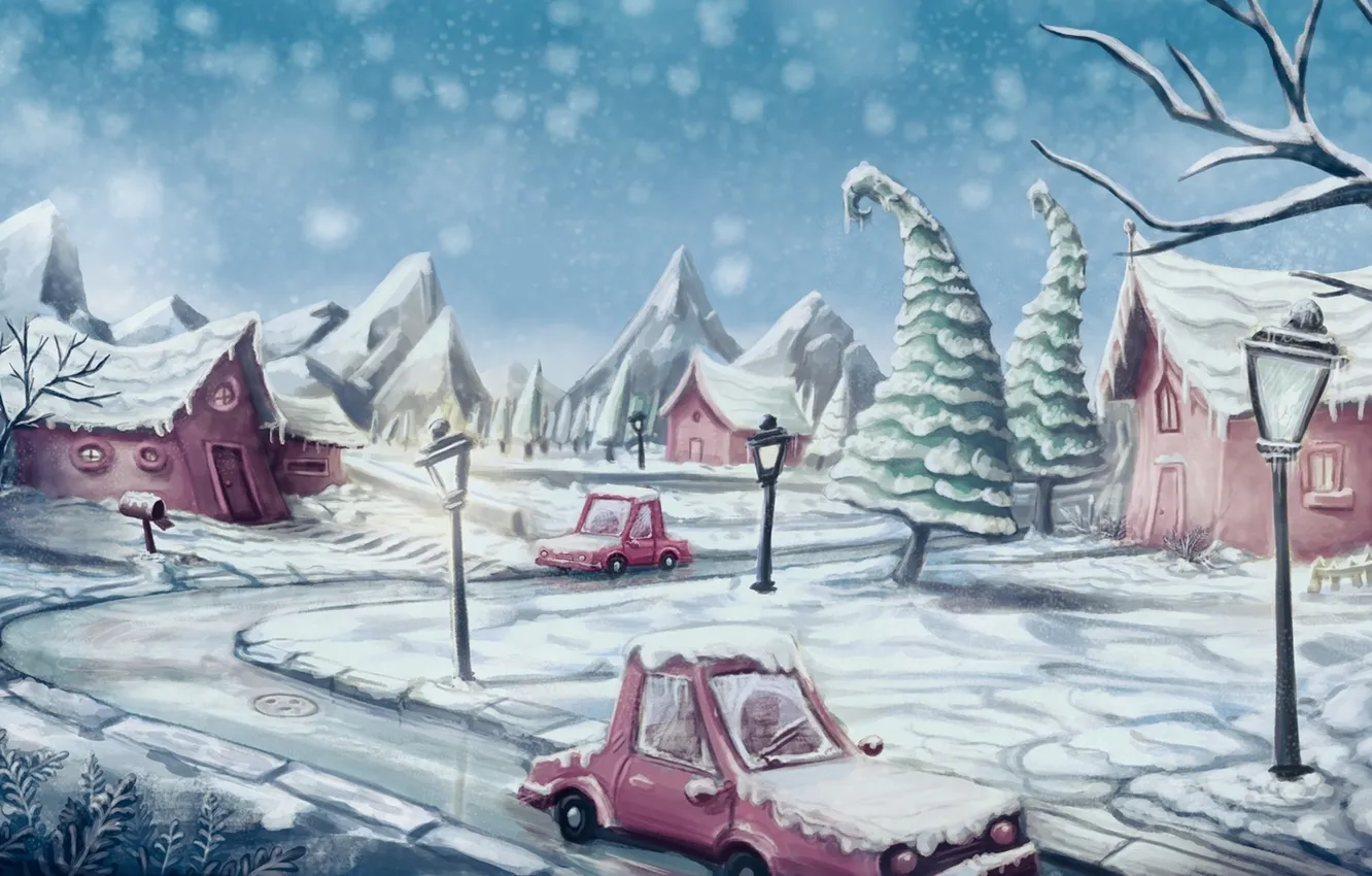 Фото обои дорога, снег, машины, дома, фонари, сугробы, почтовые ящики