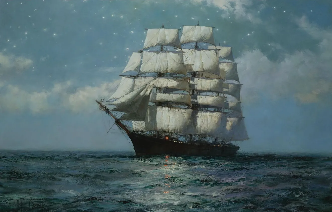 Фото обои море, парусник, звёзды, штиль, Montague Dawson, звёздное небо, клипер, Clipper Ship