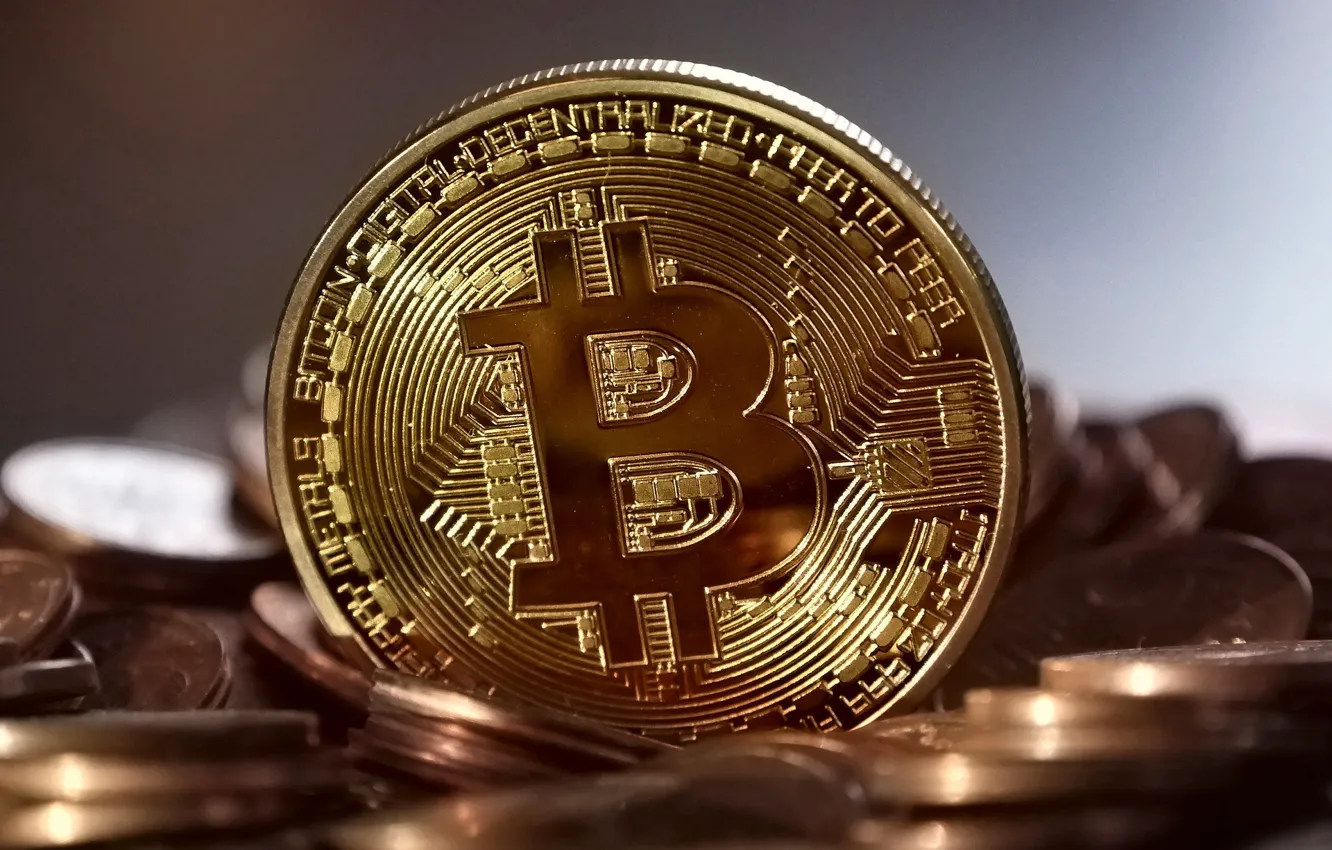 Фото обои размытие, лого, logo, монеты, coins, bitcoin, биткоин