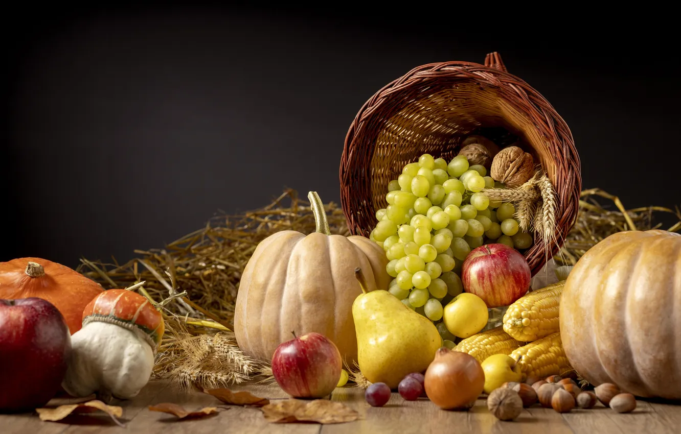Фото обои food, nuts, grapes, fruits, pumpkin, apples, pear, vegetables