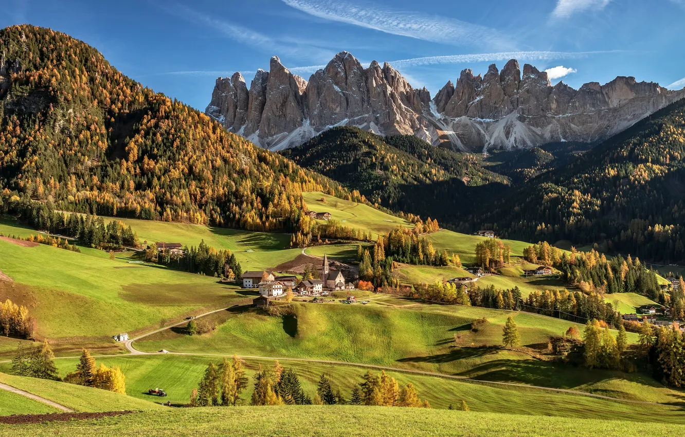 Фото обои Горы, Италия, Italy, Южный Тироль, South Tyrol, Простор, Голубое Небо, Forest Val di Funes